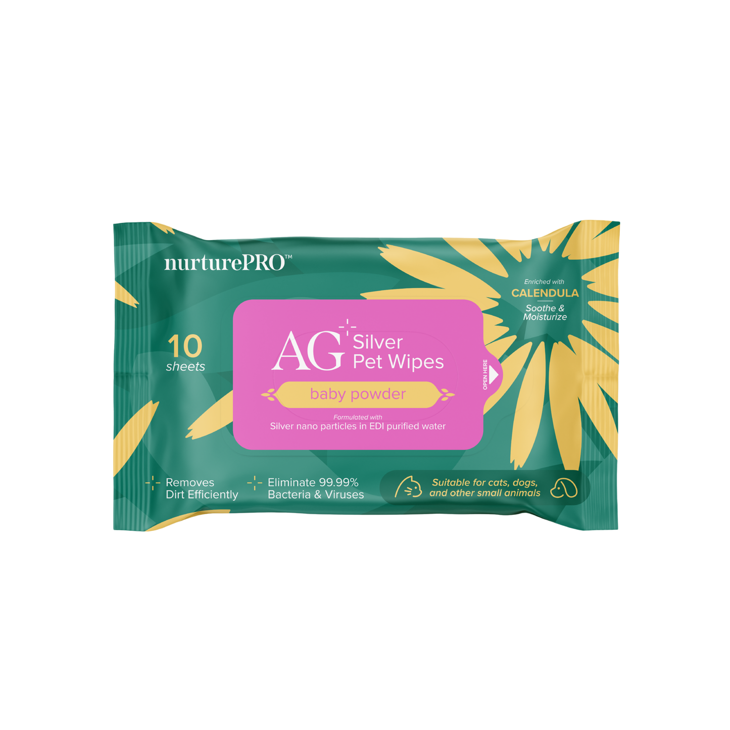 NURTUREPRO AG+ Silver Pet Wipes - 10pcs Baby Powder for cats