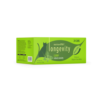 NURTUREPRO Longevity: Chicken & Skipjack Tuna White Meat - Box of 24 cans Catnip for cats